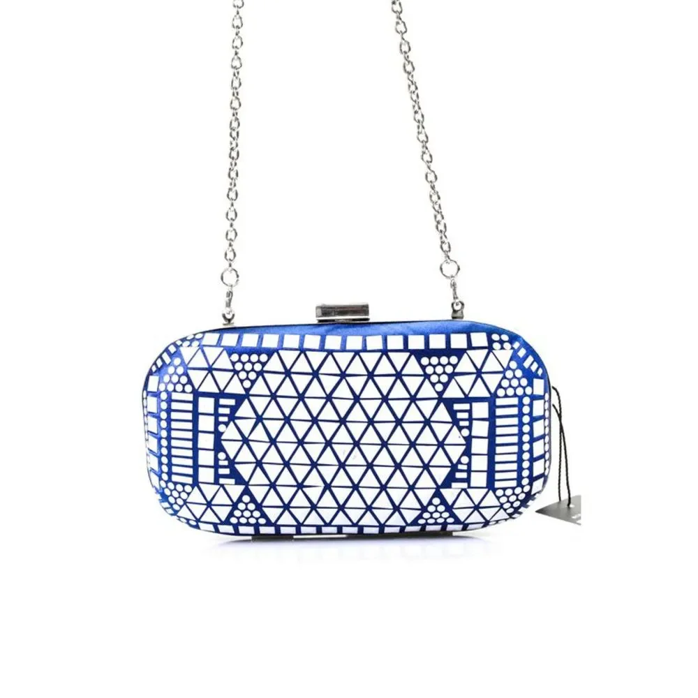 BCBGMAXAZRIA Womens Blue White Studded Push Lock Clutch Shoulder Bag Handbag
